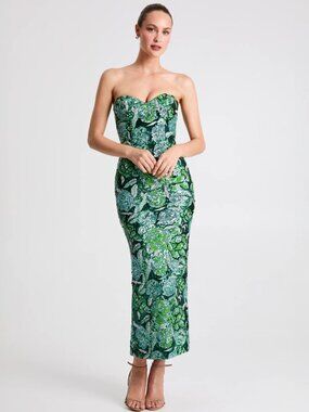 NWT Helsi Monique Emerald Floral Sequin Strapless Gown Formal Maxi Dress XS